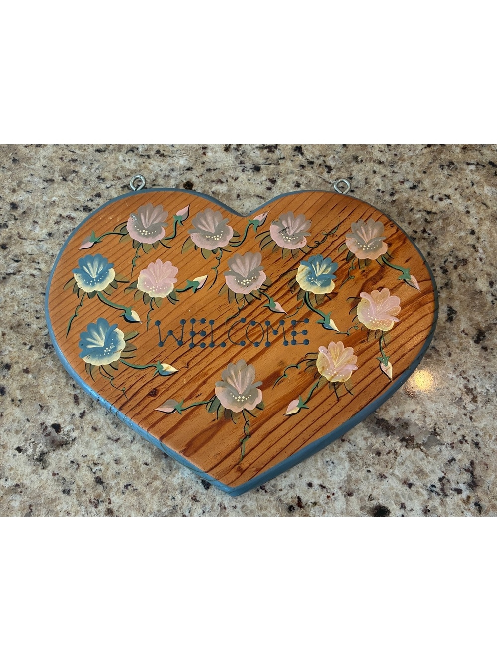 Vintage Wooden Heart Welcome Wall Hanging Hand Painted Floral Plaque